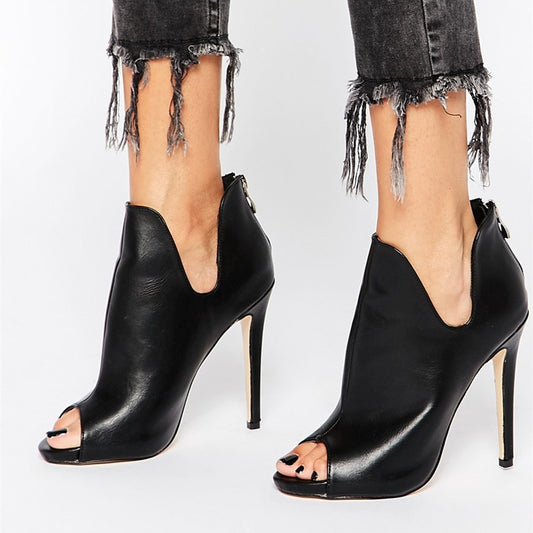 Black Stiletto Heel Ankle Boots Zip Closure Cut Out Peep Toe Booties