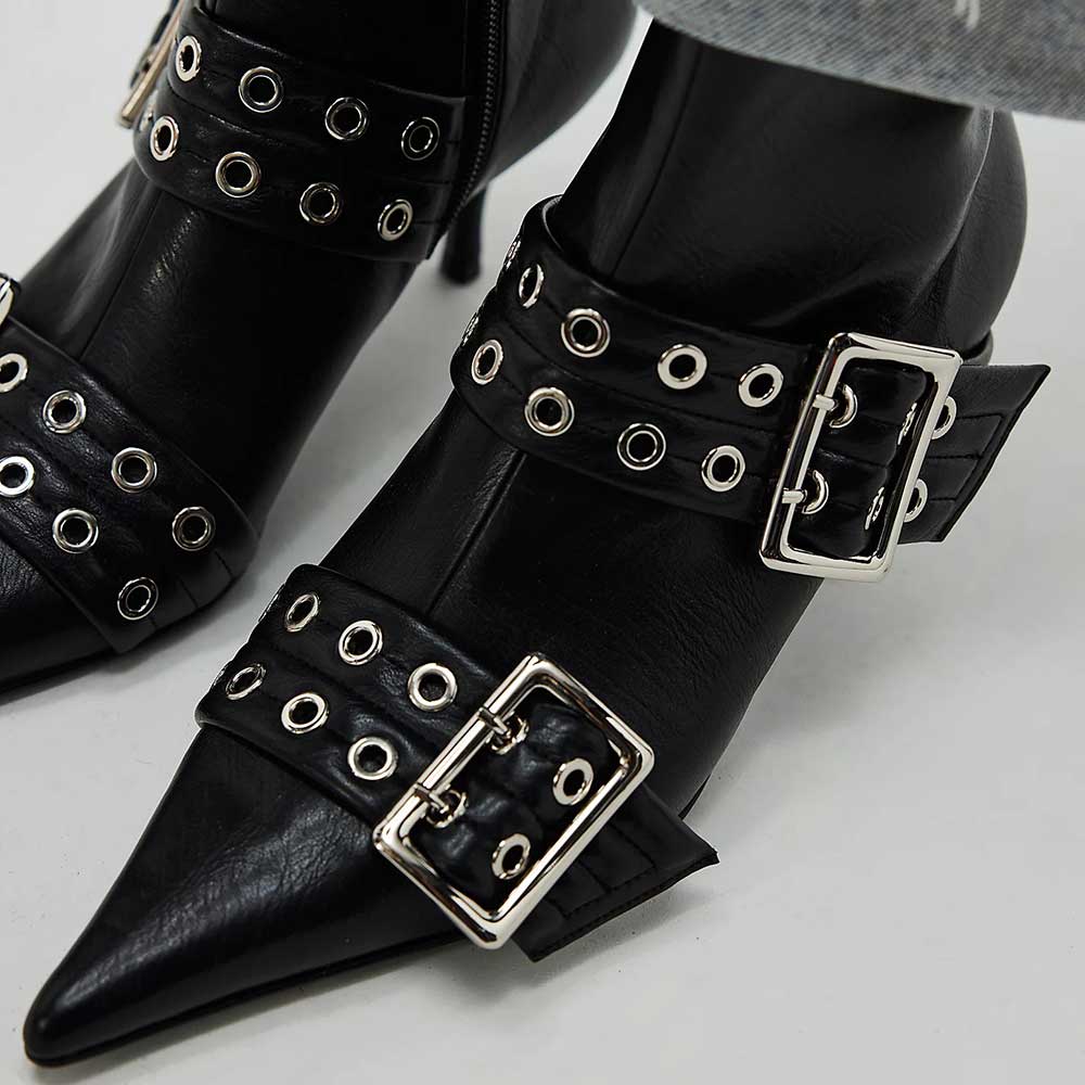 Black Grommets Buckle Strap Pointed Toe Kitten Heel Zip Ankle Boots