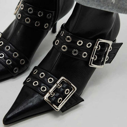 Black Grommets Buckle Strap Pointed Toe Kitten Heel Zip Ankle Boots