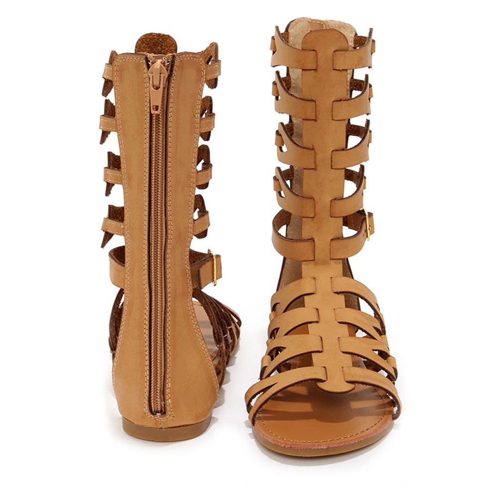 Khaki Open Toe Hollow Out Strappy Flats Mid-Calf Gladiator Sandals