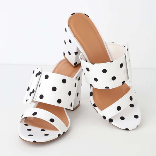 White Dot Open Toe Chunky Heel Mules with Buckle