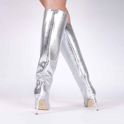 Silver Metallic Pointy Toe Stiletto Heel Wide Calf Knee High Boots