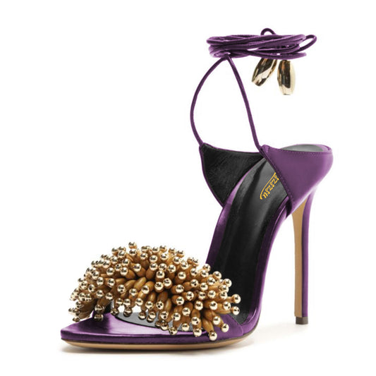 Ankle Strap Stiletto High Heel Beaded Purple Dress Sandals for Women