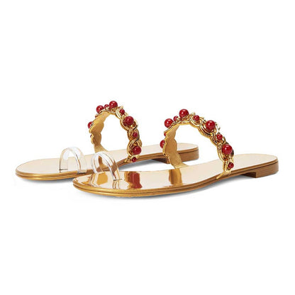 Gold Metallic Beads Embellished Chain Strap Flats Toe Ring Sandals