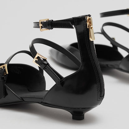 Women's Pointed Toe Buckle Multi-Strap Flat Black Pumps