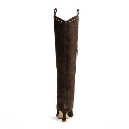 Brown Pointed Toe Spool Heel Grommet Knee High Boots for Women