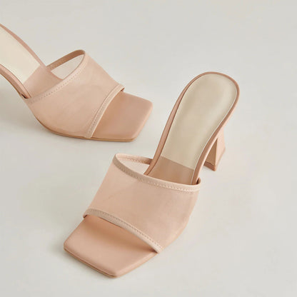 Women's Nude Open Square Toe Sandals Slip-On Mesh Mule Heels