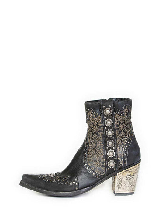 Black Vegan Leather Snip Toe Floral Printed Studded Block Heeled Cowgirl Ankle Boots