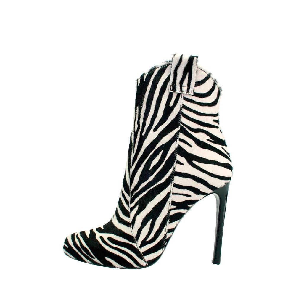 Black and White Zebra Print Stiletto Heel Round Toe Ankle Boots