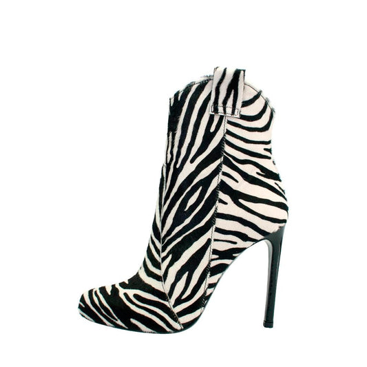 Black and White Zebra Print Stiletto Heel Round Toe Ankle Boots
