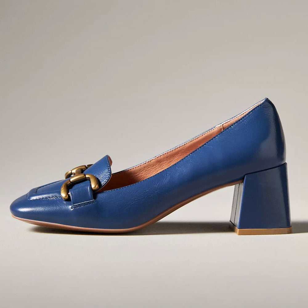 Blue Vegan Leather Square Toe Chunky Heel Slip-On Loafers
