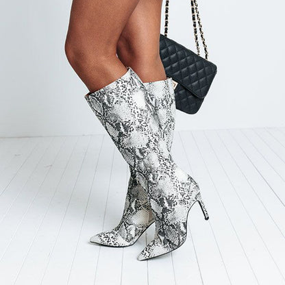 Black & White Closed Toe 3'' Stiletto Heel Winter Knee High Boots