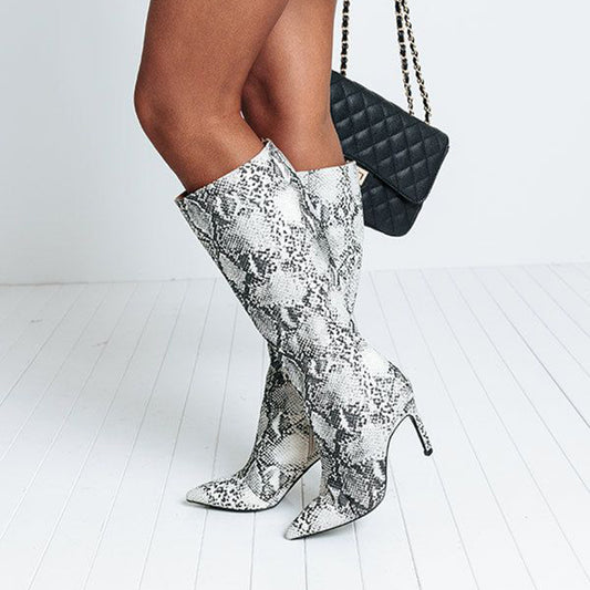 Black & White Closed Toe 3'' Stiletto Heel Winter Knee High Boots