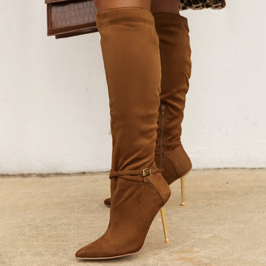 Brown Vegan Suede Buckle Strap Golden Stiletto Heel Knee High Boots