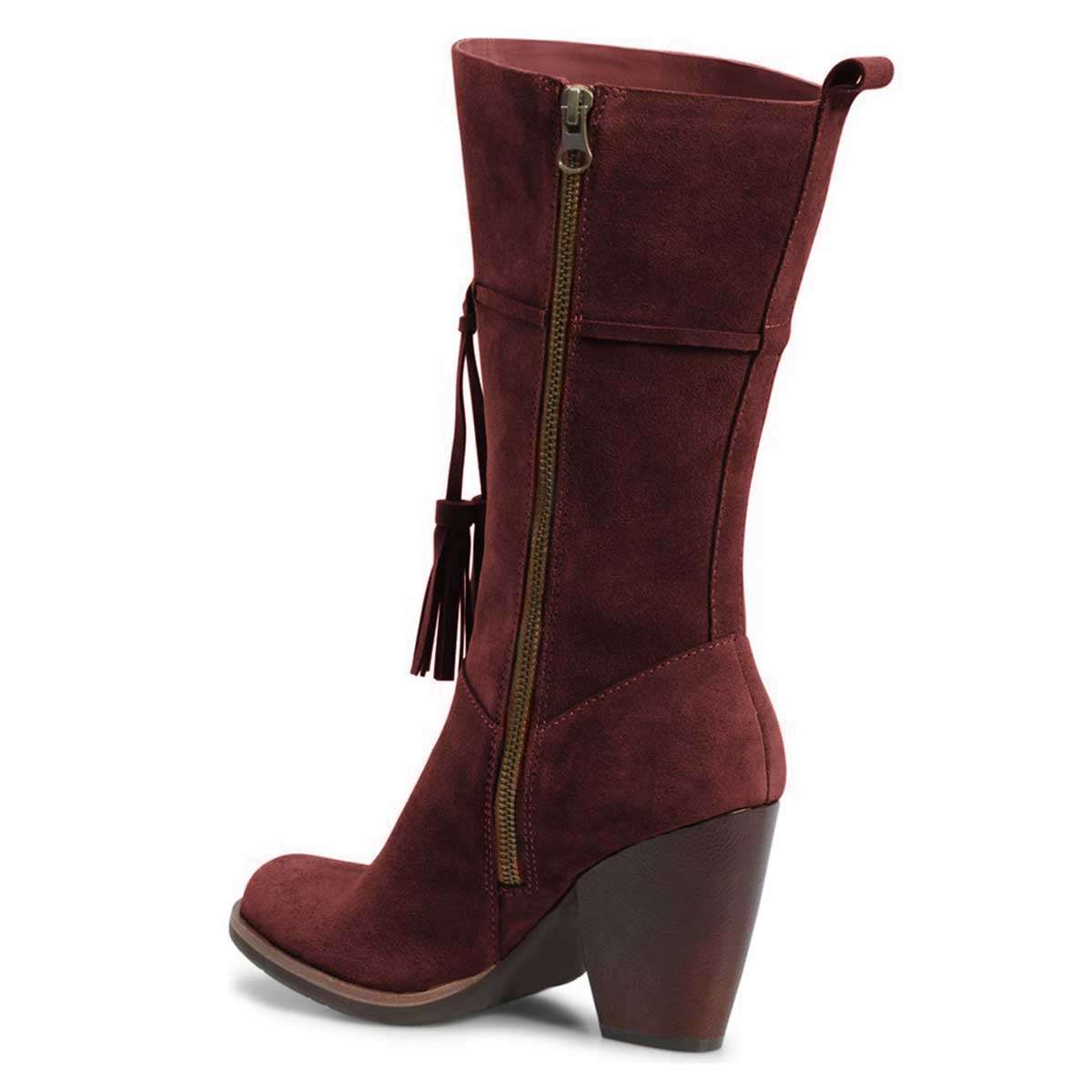 Maroon Closed Toe Tasseled Tie Front Chunky Heel Mid Calf Boots