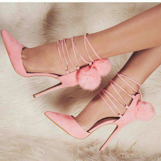 Women's Pink Vegan Suede Pointed Toe Pom Strappy Stiletto Pumps Shoes