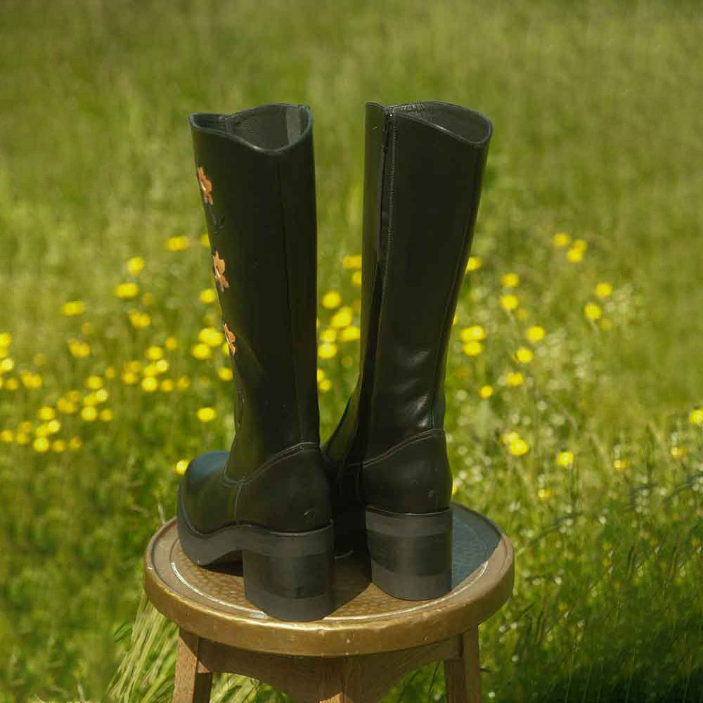Black Square Toe Flower Inlay Chunky Heel Platform Mid Calf Boots
