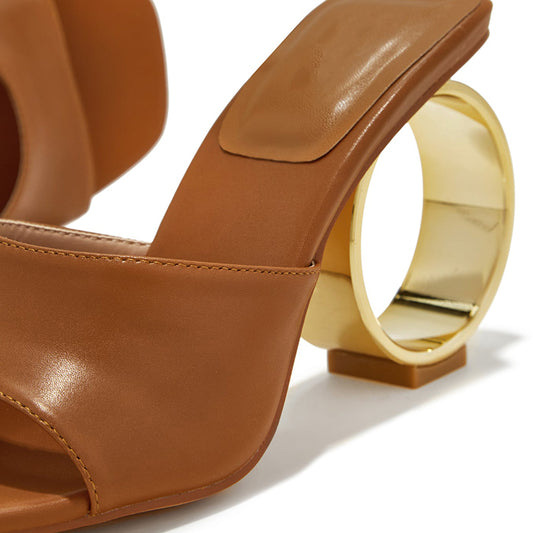 Women's Brown Faux Leather Square Toe Sculptural Heel Mules