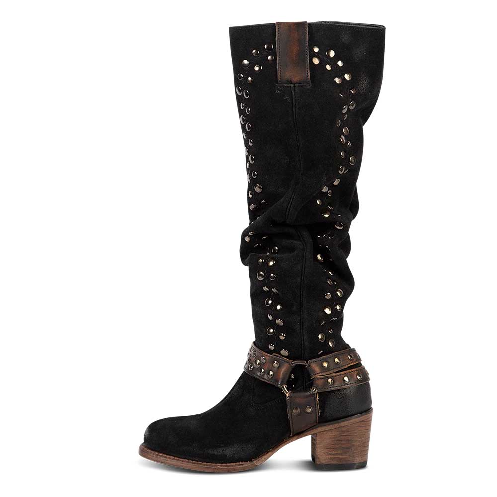 Black Faux Suede Square Toe Chunky Heel Studded Knee High Boots