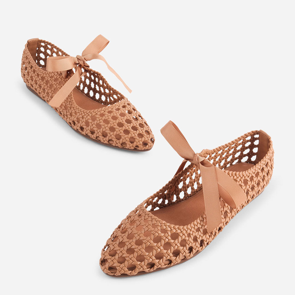 Tan Vegan Leather Cut-Out Closed-Toe Woven Flat Shoes Women
