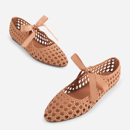 Tan Vegan Leather Cut-Out Closed-Toe Woven Flat Shoes Women