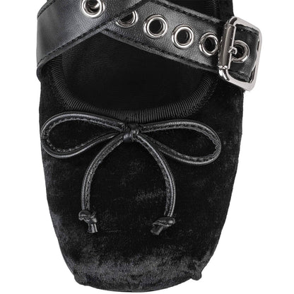 Black Velvet Square Toe Grommet Buckle Strappy Ballet Flats with Bow
