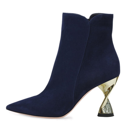 Black Faux Suede Pointed Toe Decorative Heel Ankle Boots