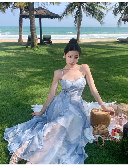 Simple Elegant Blue Floral Design Beach Holiday Spaghetti Strap Dress TP3065