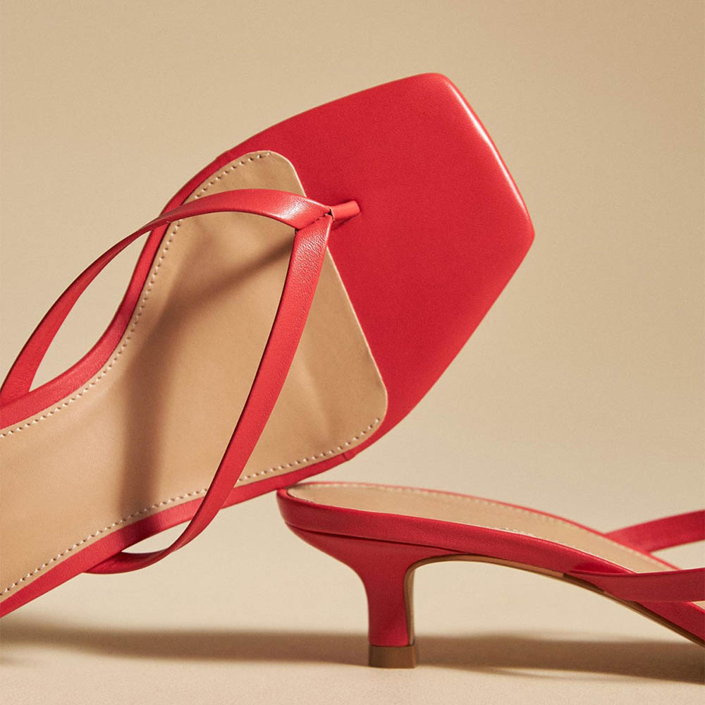 Women's Square Toe Red Slip On Flip Flop Mule Low Heel Sandals