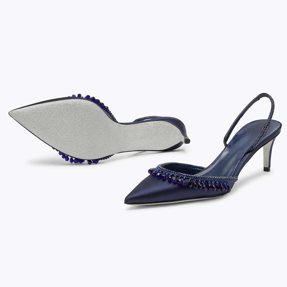 Women's Navy Satin Pointed Toe Rhinestone Kitten Heel Pumps