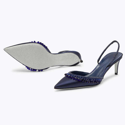 Women's Navy Satin Pointed Toe Rhinestone Kitten Heel Pumps