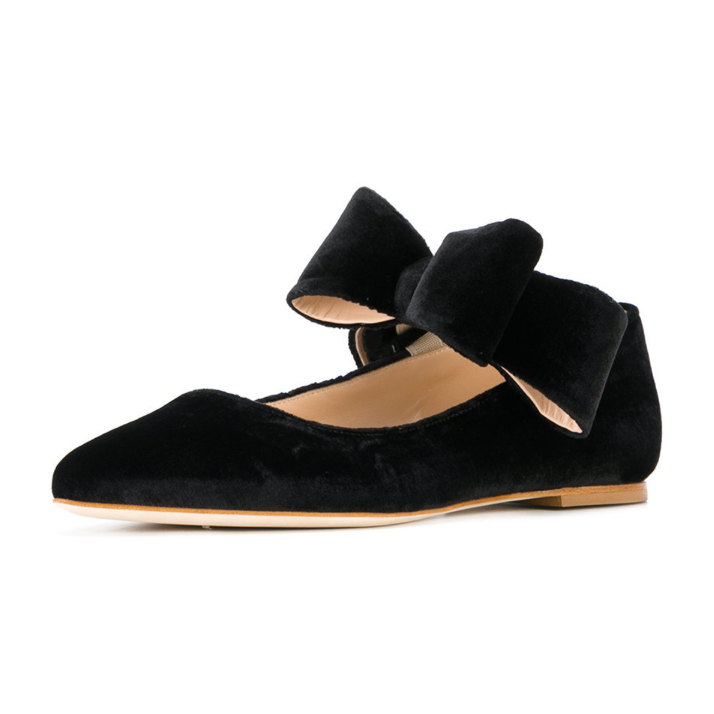 Black Velvet Cute Bow Pointy Toe Flats US Size 3 -15