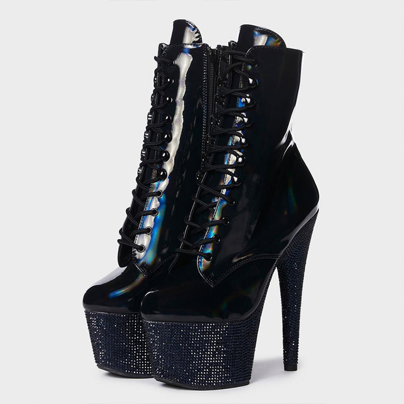 Black Rhinestone Platform Booties Lace Up Stiletto Heel Ankle Boots