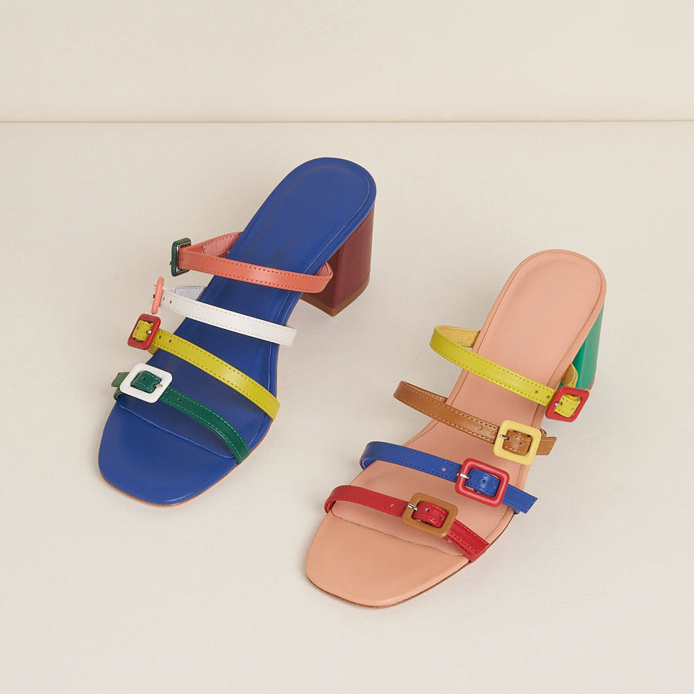 Multicolor Vegan Leather Round Toe Block Heel Strappy Slippers