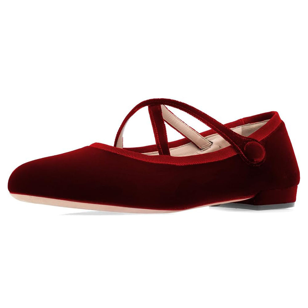 Comfy Maroon Velvet Round Toe Ballet Flats with Straps