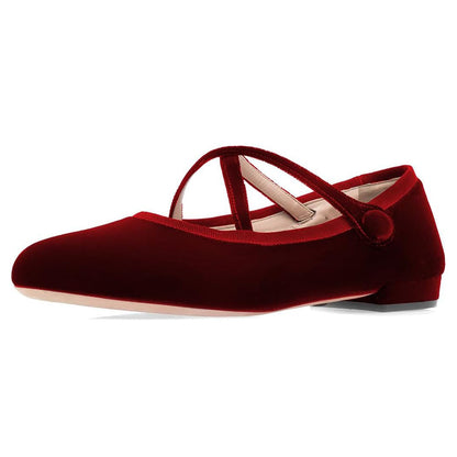 Comfy Maroon Velvet Round Toe Ballet Flats with Straps