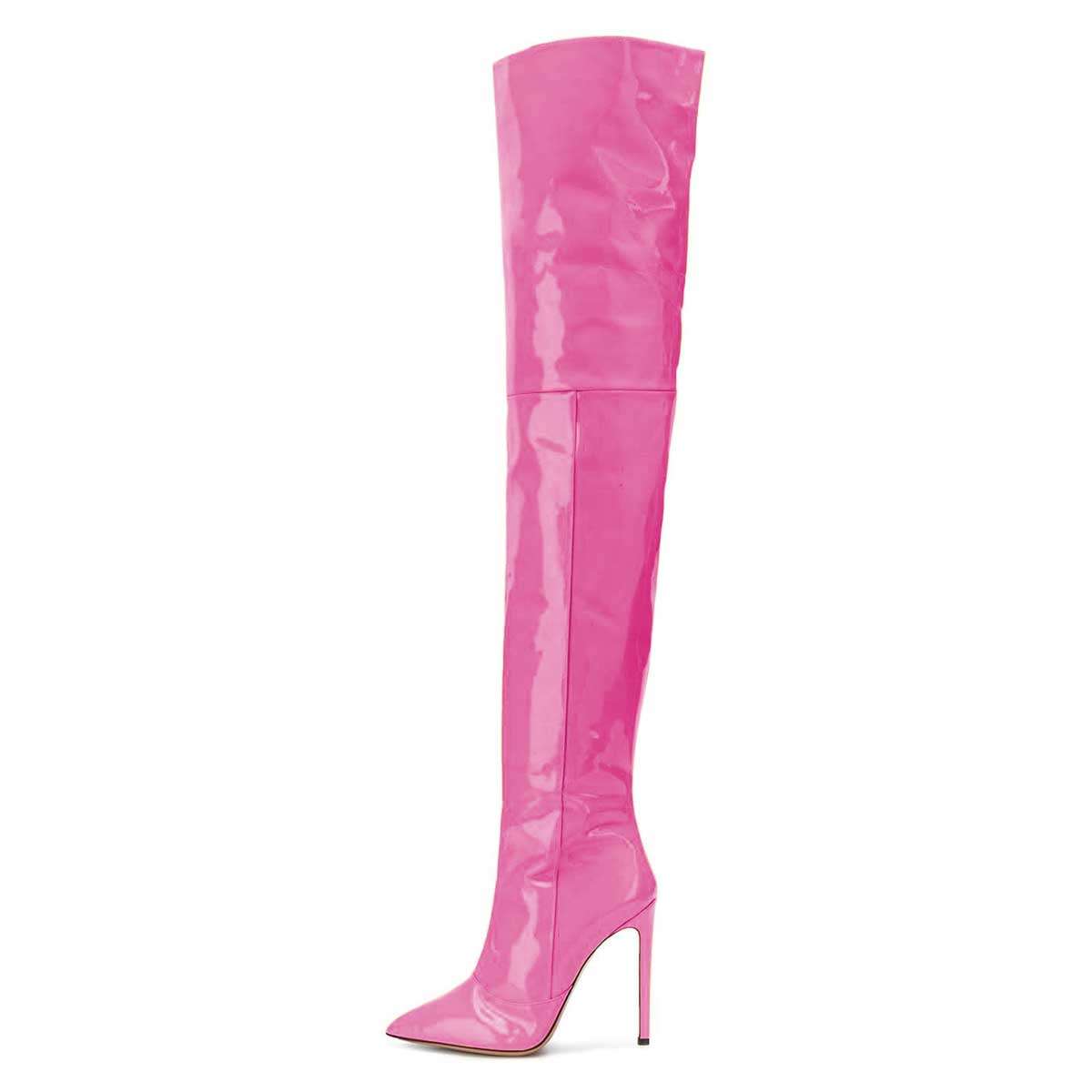 Y2K Hot Pink Patent Leather Thigh High Heel Boots