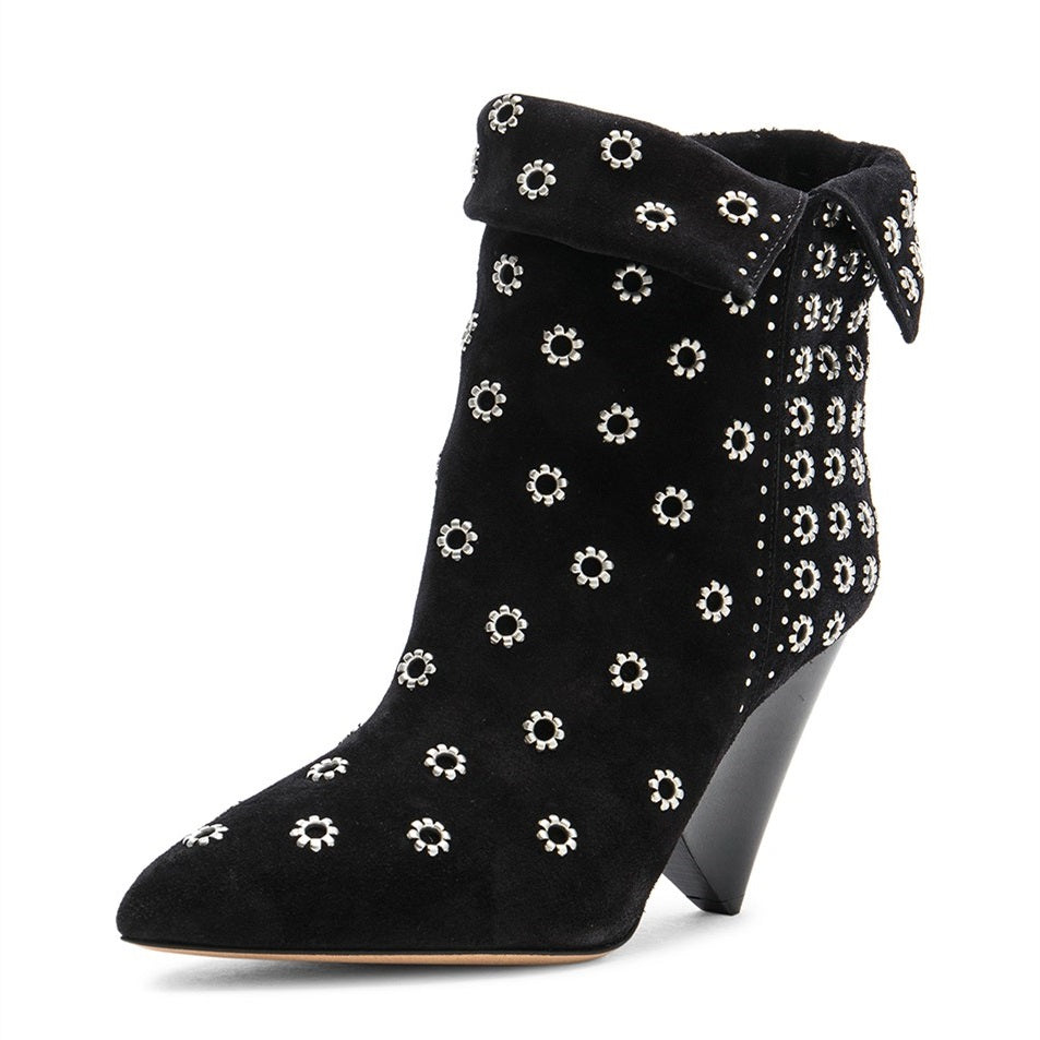 Black Grommets Embellished Pointed Toe Cone Heel Fold-over Ankle Boots