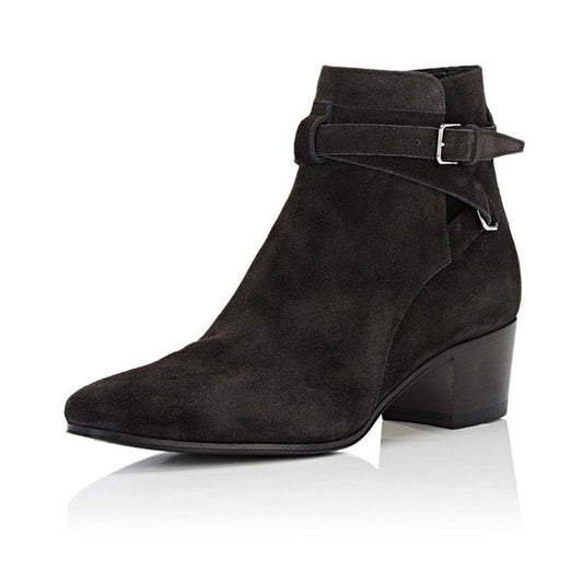Women's Vegan Suede Closed-Toe Buckle Strap Chunky Heel Ankle Boots