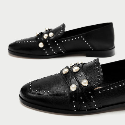 Black Closed-Toe Pearl Studs Strappy Flats Women's Loafers
