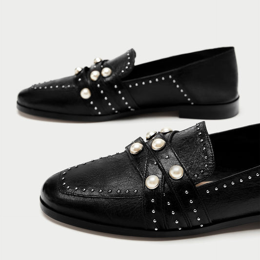 Black Closed-Toe Pearl Studs Strappy Flats Women's Loafers