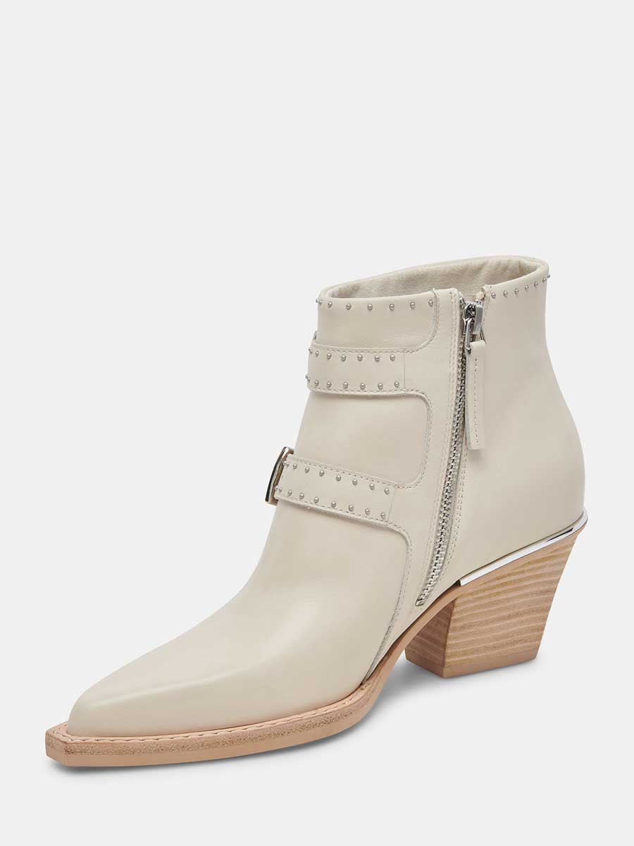 Ivory Vegan Leather Snip Toe Side-Zip Cowgirl Ankle Boots With Chunky Heels