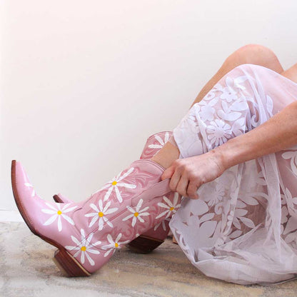 Pink Chunky Heel Flower Cowgirl Western Mid-Calf Boots for Women