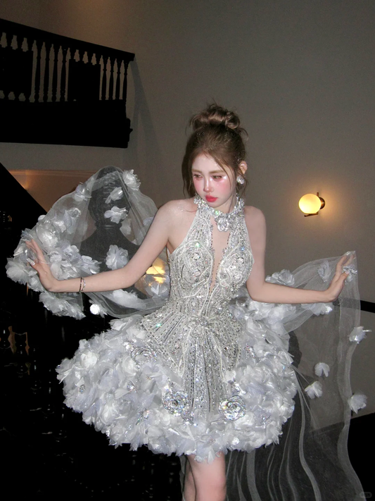 Fashion Silvery Backless Sparkling Beaded Design Romantic A-line Short Homecoming Dress TP4025