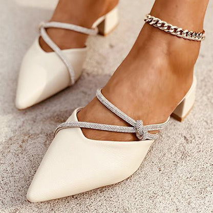 White Pointed Toe Wedding Shoes Rhinestones Strappy Mule Heels