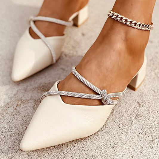 White Pointed Toe Wedding Shoes Rhinestones Strappy Mule Heels