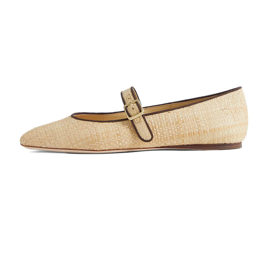 Beige Raffia Square Toe Mary Jane Flats with Buckled Strappy Design