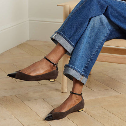 Black Patent Leather Toecap Brown Vegan Suede Ankle Strap Flats