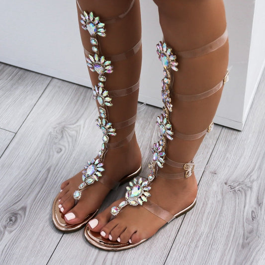 Multicolor Rhinestone Transparent Strappy Flats Gladiator Sandals