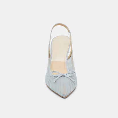 Light Blue Mesh Pleated Pointed Toe Bow Decor Slingback Heels